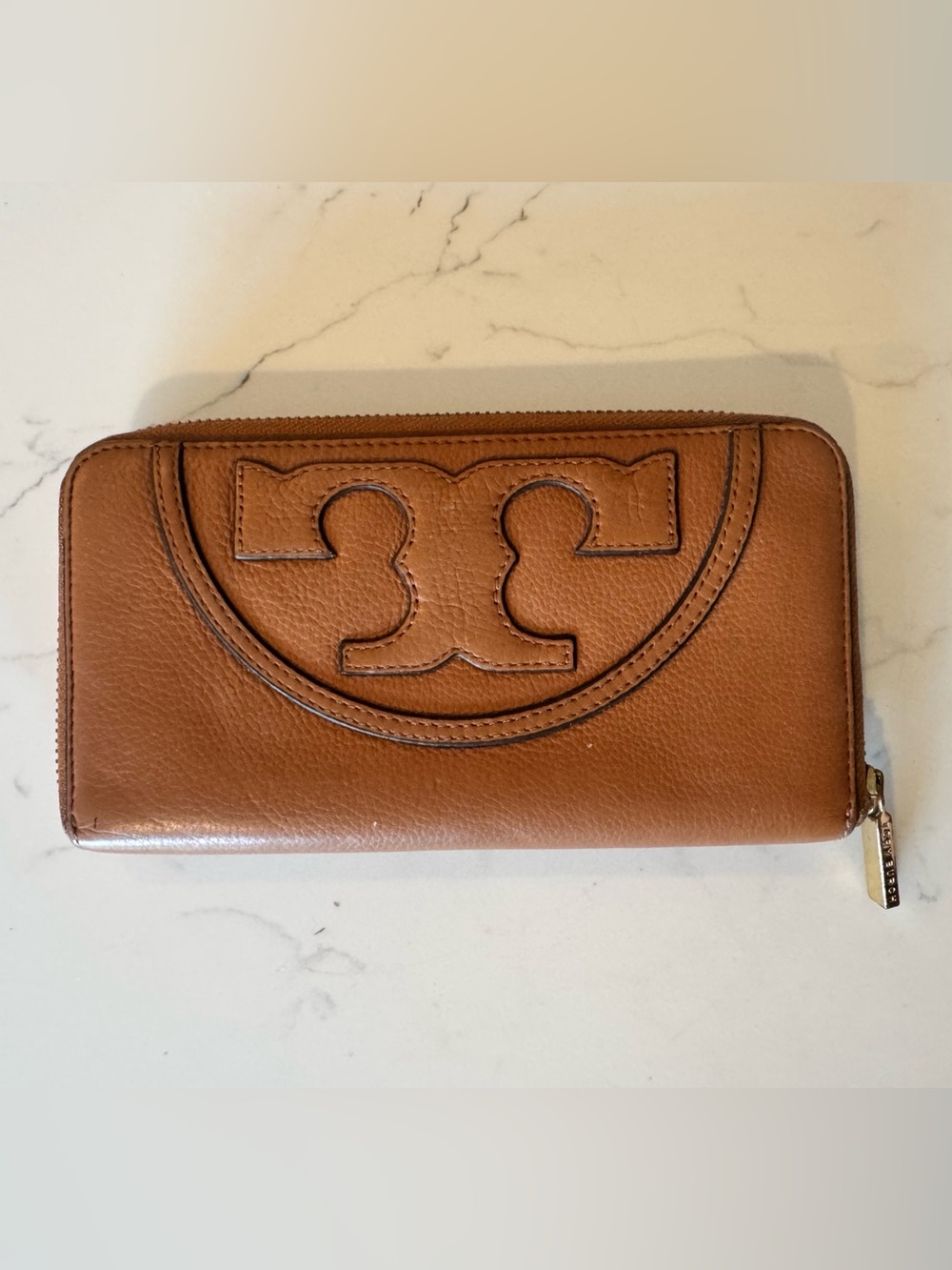 Tory Burch Cognac Leather Zip-Around Wallet with Logo Appliqué